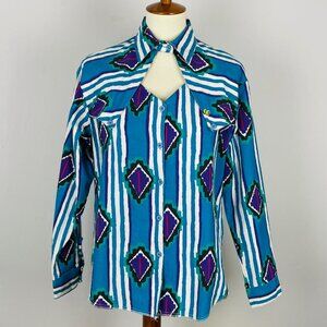 Vtg 80s The Look Western Shirt Sz L Teal Purple Blue Stripe Rockabilly Cowgirl